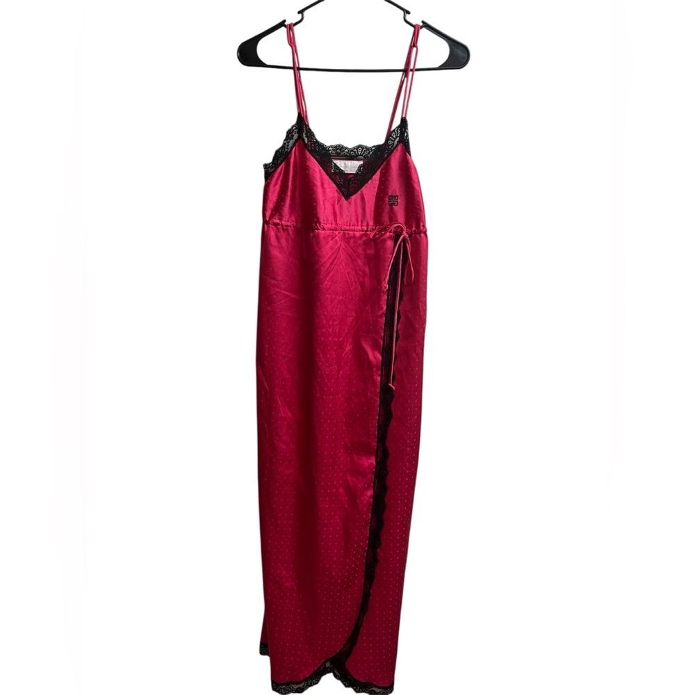VTG 80s Givenchy Intimates Hot Pink Satin Black Lace Slip Dress Chemise SZ S